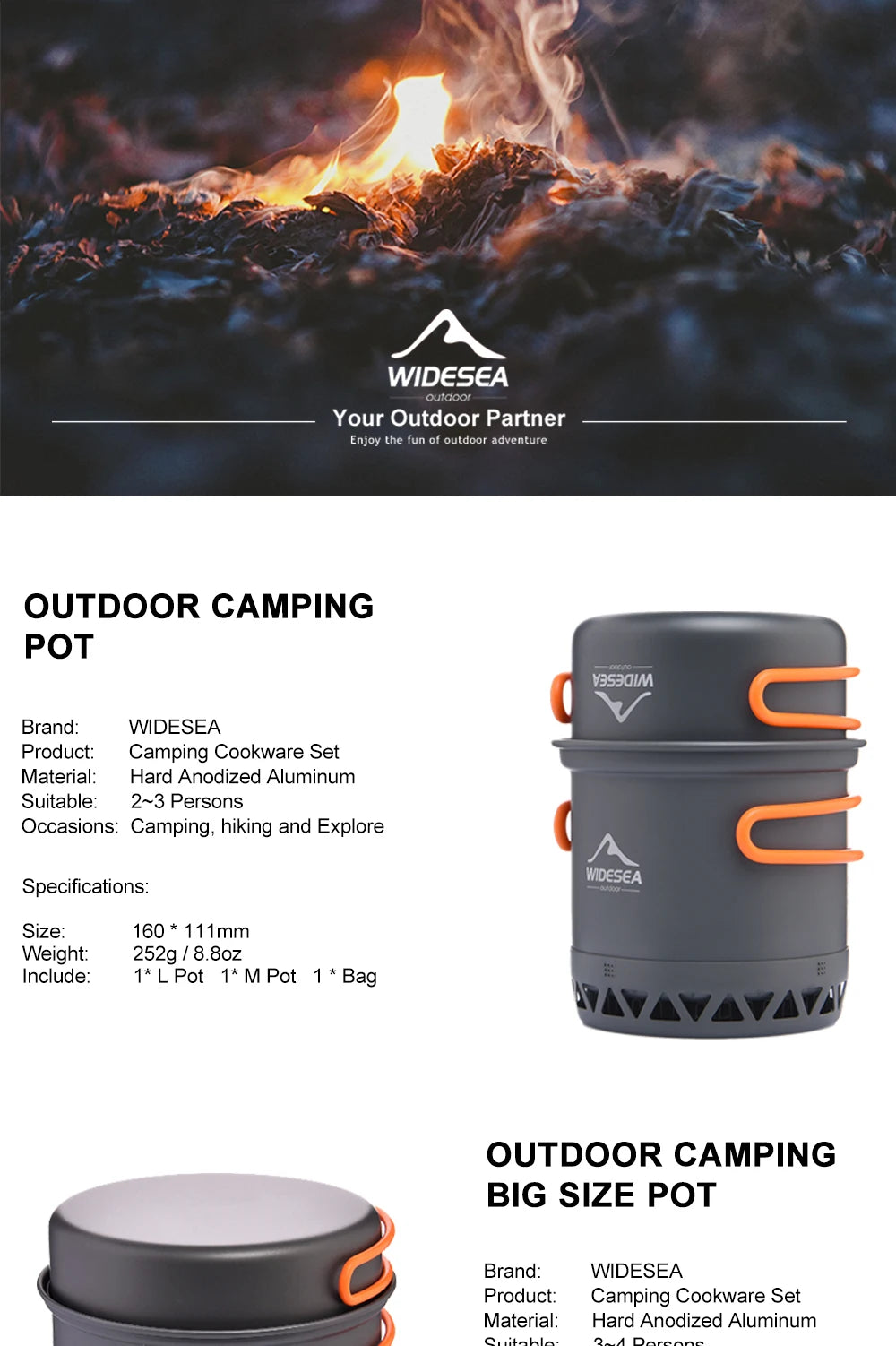 Widesea Camping Cookware Set – 1.3L & 2.3L Pots with Kettle for Outdoor Cooking